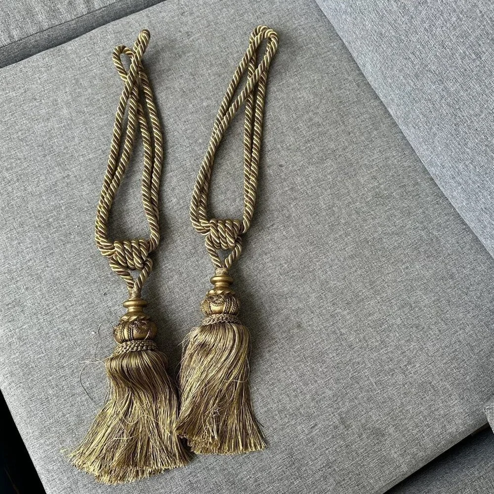 Pair Curtain Tiebacks HOLDERS DRAPERY TASSEL Set of 2 Rope Cord Gold Thick